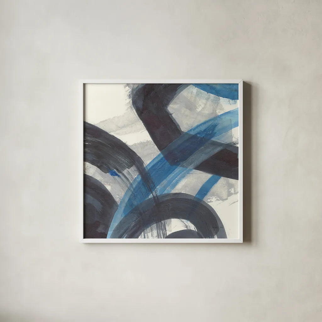 Blue Brushy Abstract I Crop by Danhui Nai. Shown in a crisp white glass frame for a clean and minimalist style. Available as an archival giclee rolled canvas, fine art paper, or poster print. SKU 60195a.