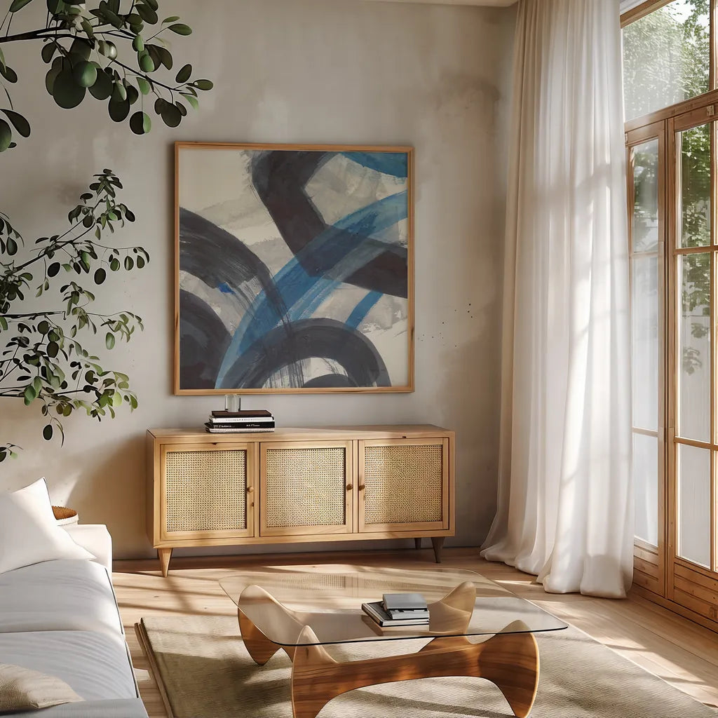 Blue Brushy Abstract I Crop by Danhui Nai. Shown in a natural wood frame in a cozy modern living room. Available as an archival giclee rolled canvas, fine art paper, or poster print. SKU 60195a.