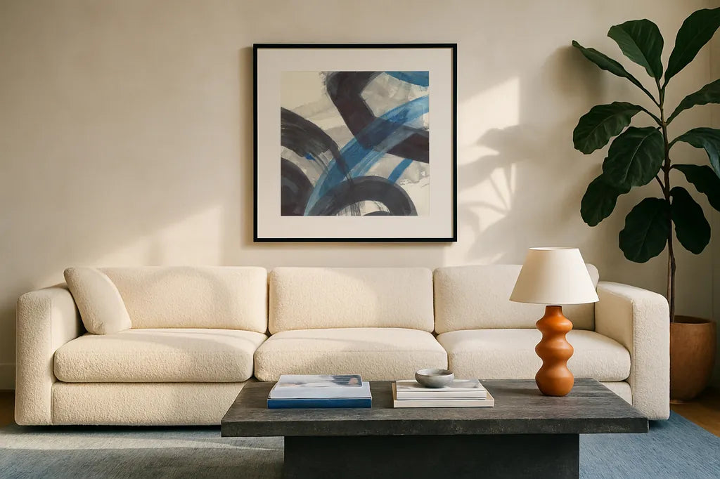 Blue Brushy Abstract I Crop by Danhui Nai. Displayed in a glass frame with matte in a clean modern living room. Available as an archival giclee rolled canvas, fine art paper, or poster print. SKU 60195a.