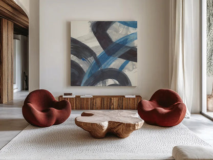 Blue Brushy Abstract I Crop by Danhui Nai. Shown as extra-large giant wall art in a modern living room. Available as an archival giclee rolled canvas, fine art paper, or poster print. SKU 60195a.