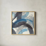 Blue Brushy Abstract II Crop by Danhui Nai. Shown in a natural wood glass frame for a timeless modern aesthetic. Available as an archival giclee rolled canvas, fine art paper, or poster print. SKU 60196a.