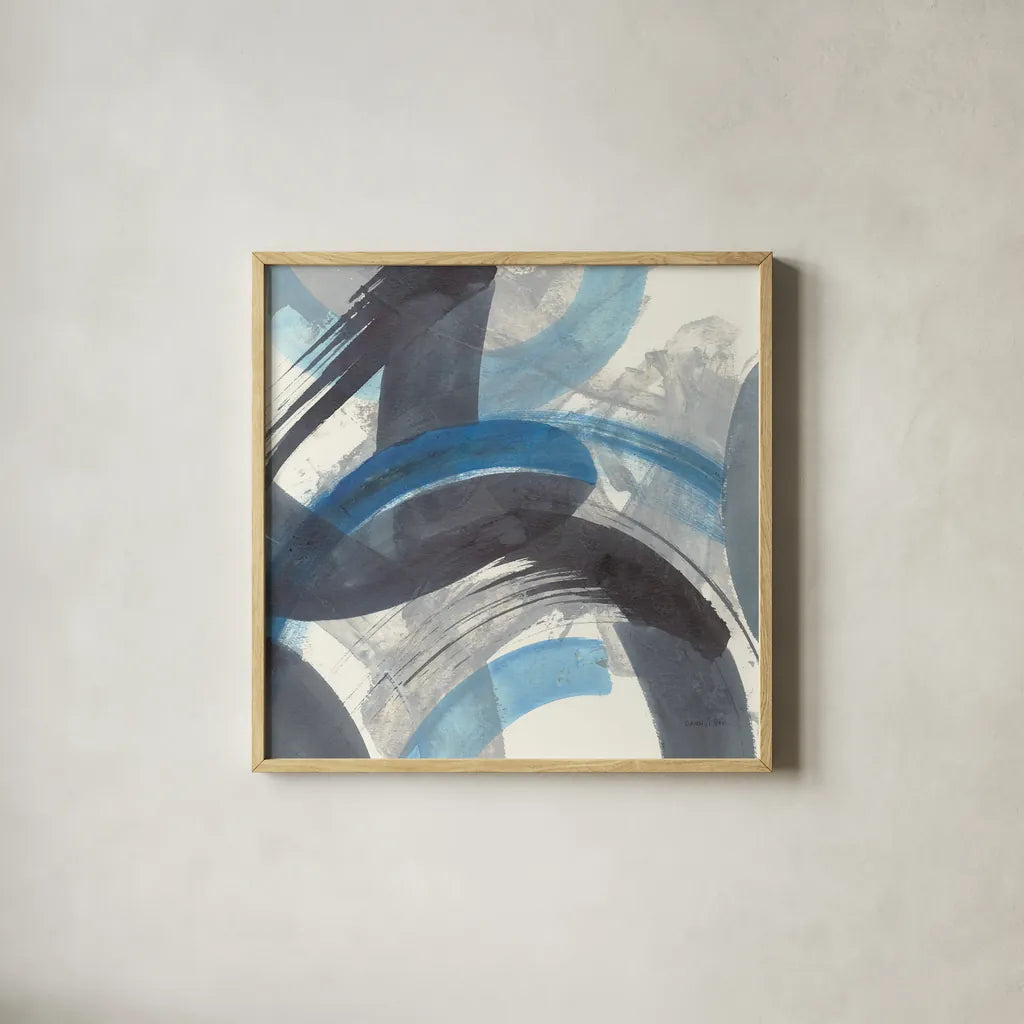 Blue Brushy Abstract II Crop by Danhui Nai. Shown in a natural wood glass frame for a timeless modern aesthetic. Available as an archival giclee rolled canvas, fine art paper, or poster print. SKU 60196a.