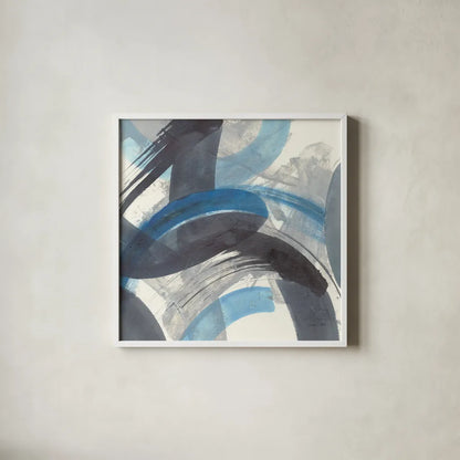 Blue Brushy Abstract II Crop by Danhui Nai. Shown in a crisp white glass frame for a clean and minimalist style. Available as an archival giclee rolled canvas, fine art paper, or poster print. SKU 60196a.
