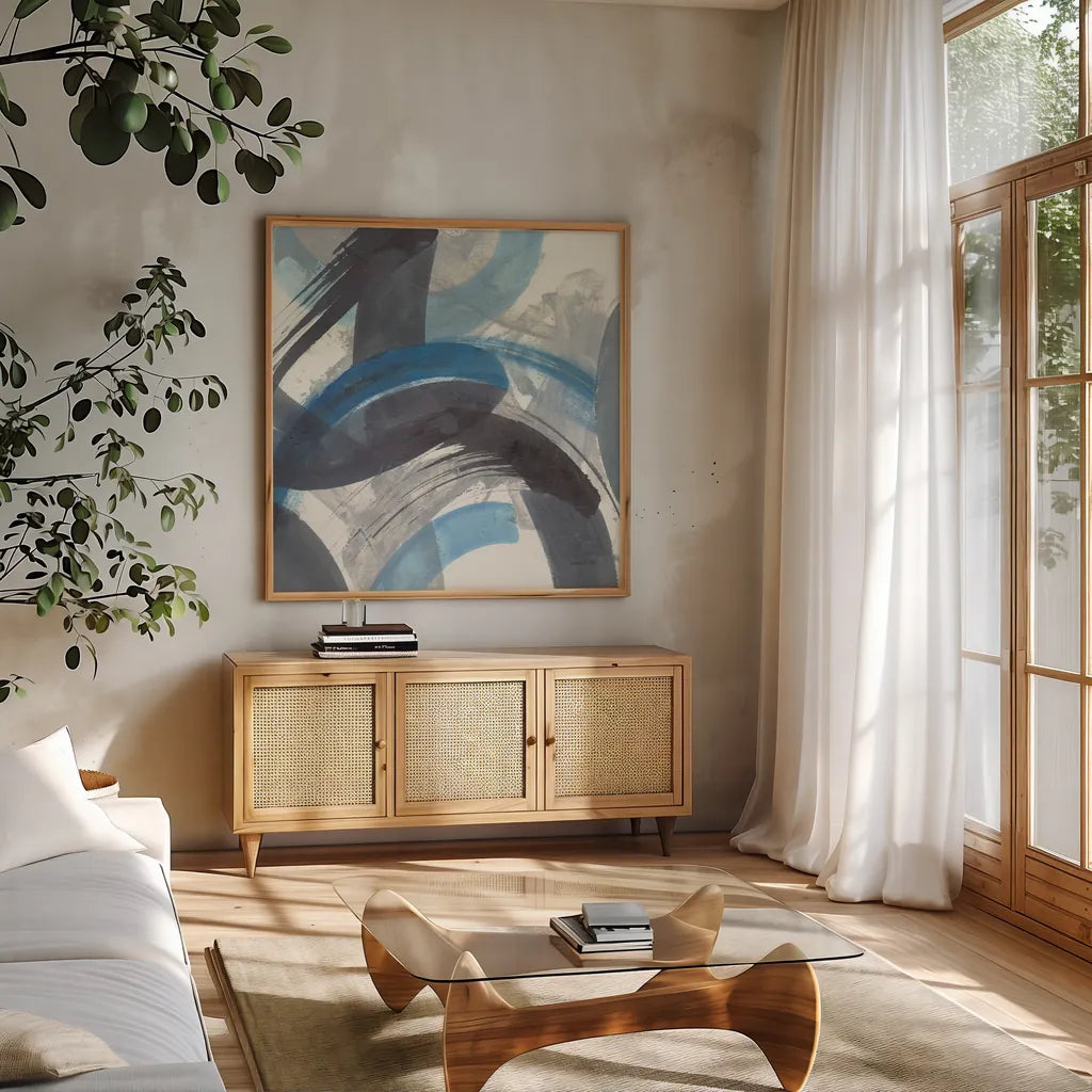 Blue Brushy Abstract II Crop by Danhui Nai. Shown in a natural wood frame in a cozy modern living room. Available as an archival giclee rolled canvas, fine art paper, or poster print. SKU 60196a.