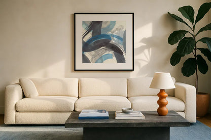 Blue Brushy Abstract II Crop by Danhui Nai. Displayed in a glass frame with matte in a clean modern living room. Available as an archival giclee rolled canvas, fine art paper, or poster print. SKU 60196a.