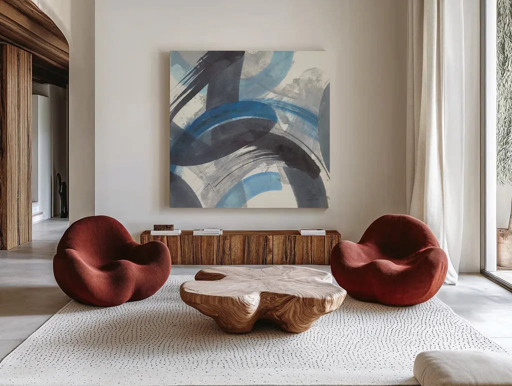 Blue Brushy Abstract II Crop by Danhui Nai. Shown as extra-large giant wall art in a modern living room. Available as an archival giclee rolled canvas, fine art paper, or poster print. SKU 60196a.