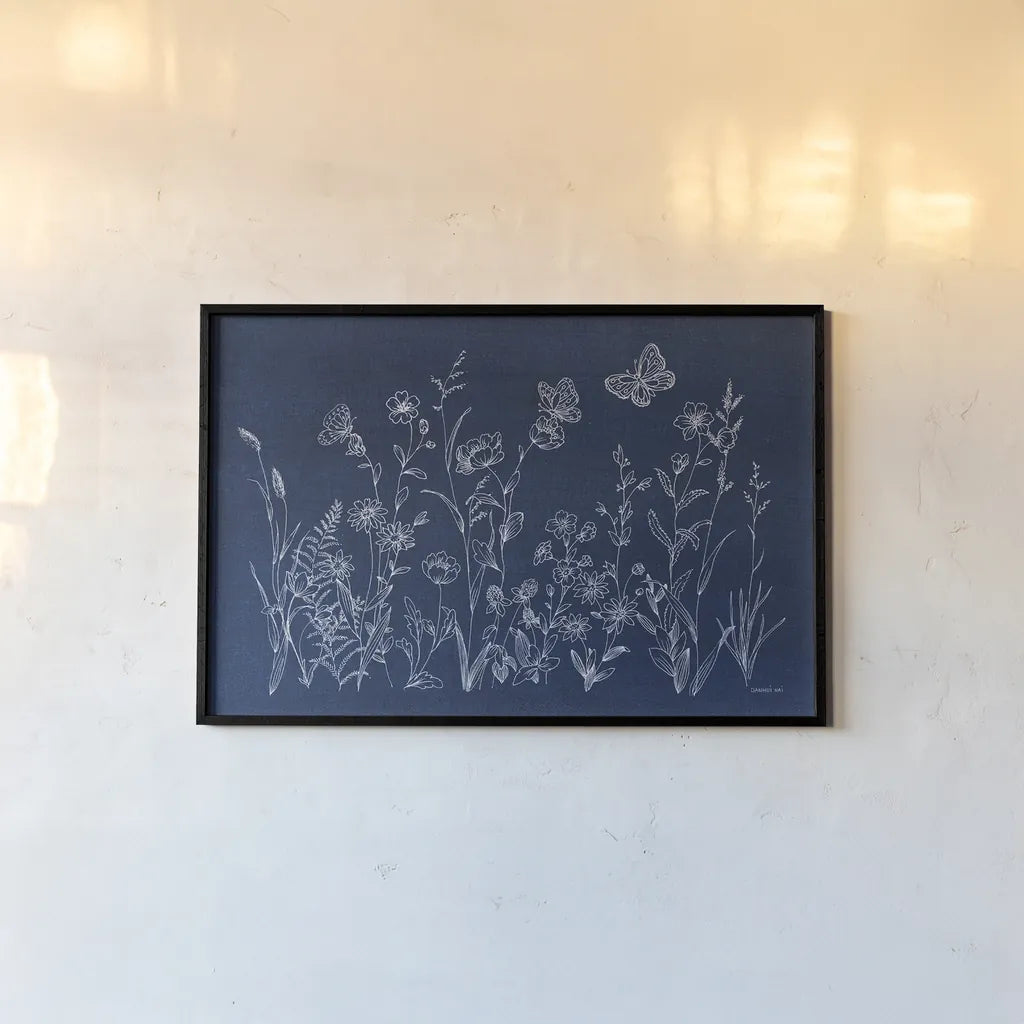 Blue Butterfly Garden by Danhui Nai. shown as a paper print in a black flame. Available as a archival giclee rolled canvas, fine art paper, or poster print. SKU 76348i.