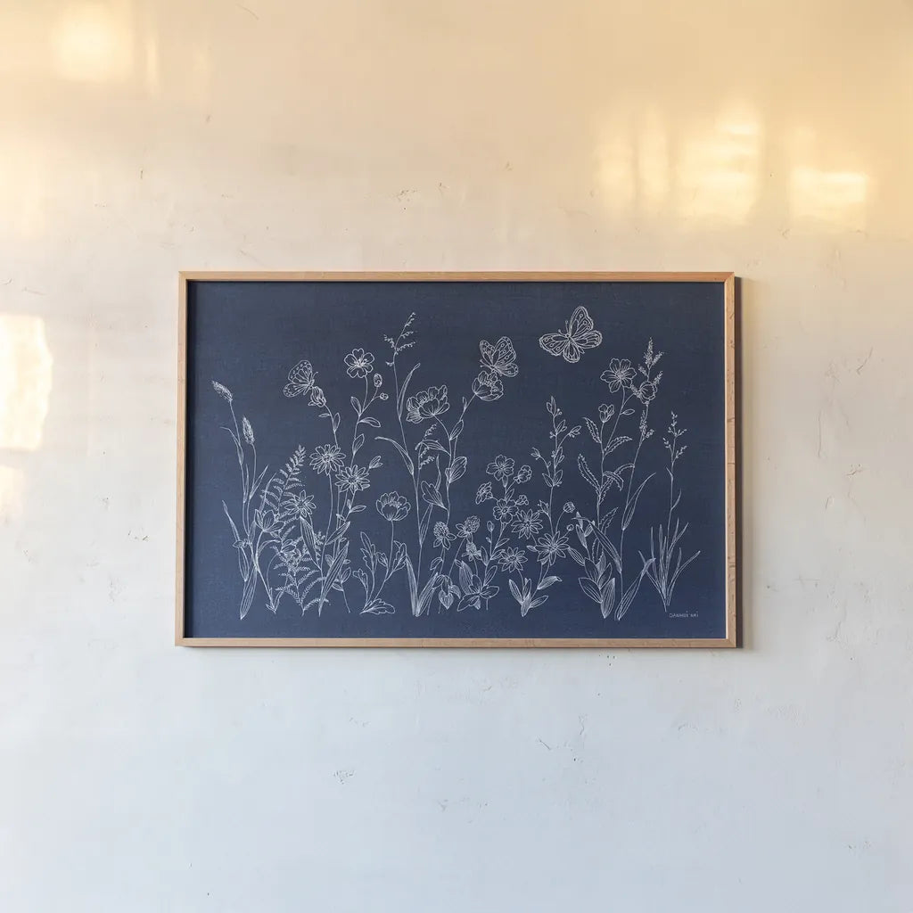 Blue Butterfly Garden by Danhui Nai. shown as a paper print in a natural frame. Available as a archival giclee rolled canvas, fine art paper, or poster print. SKU 76348i.