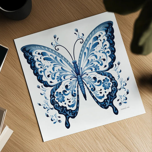 Blue Butterfly I by Danhui Nai. Shown as a detailed flat fine art print, highlighting archival giclee quality. Available as an archival giclee rolled canvas, fine art paper, or poster print. SKU 99152a.