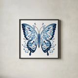Blue Butterfly I by Danhui Nai. Shown in a sleek black glass frame for a contemporary gallery look. Available as an archival giclee rolled canvas, fine art paper, or poster print. SKU 99152a.