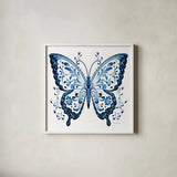 Blue Butterfly I by Danhui Nai. Shown in a crisp white glass frame for a clean and minimalist style. Available as an archival giclee rolled canvas, fine art paper, or poster print. SKU 99152a.