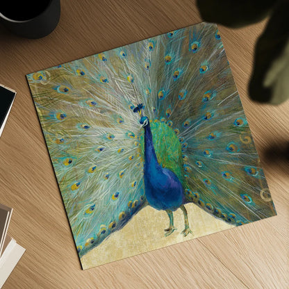 Blue Peacock Cream by Danhui Nai. Shown as a detailed flat fine art print, highlighting archival giclee quality. Available as an archival giclee rolled canvas, fine art paper, or poster print. SKU 28519a.