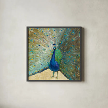 Blue Peacock Cream by Danhui Nai. Shown in a sleek black glass frame for a contemporary gallery look. Available as an archival giclee rolled canvas, fine art paper, or poster print. SKU 28519a.