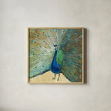 Blue Peacock Cream by Danhui Nai. Shown in a natural wood glass frame for a timeless modern aesthetic. Available as an archival giclee rolled canvas, fine art paper, or poster print. SKU 28519a.