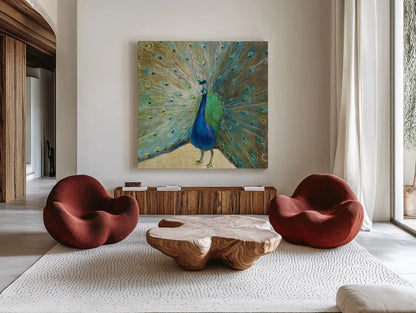 Blue Peacock Cream by Danhui Nai. Shown as extra-large giant wall art in a modern living room. Available as an archival giclee rolled canvas, fine art paper, or poster print. SKU 28519a.