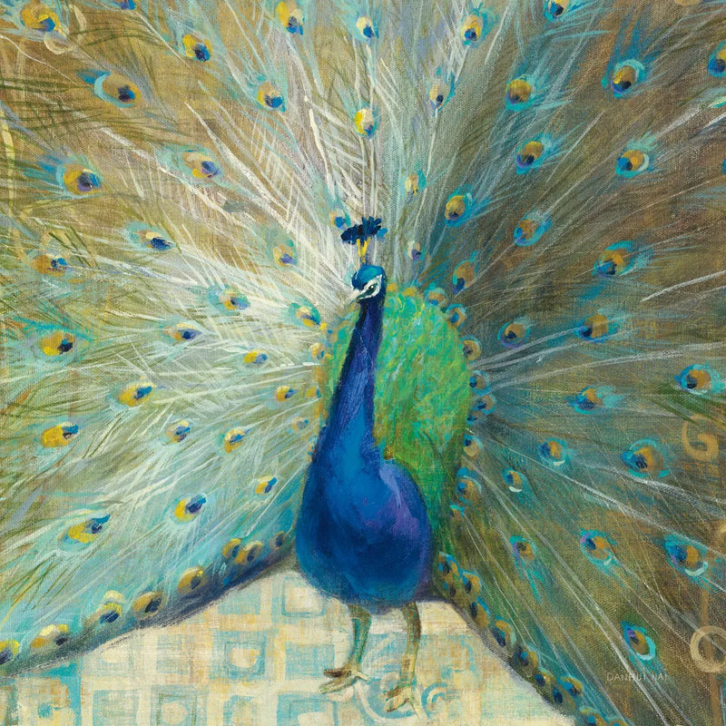 Blue Peacock on Gold by Danhui Nai. SKU 10310a. Archival Giclee Fine art print for wall decor.