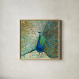 Blue Peacock on Gold by Danhui Nai. Shown in a natural wood glass frame for a timeless modern aesthetic. Available as an archival giclee rolled canvas, fine art paper, or poster print. SKU 10310a.