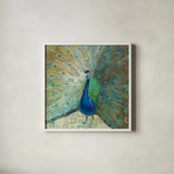 Blue Peacock on Gold by Danhui Nai. Shown in a crisp white glass frame for a clean and minimalist style. Available as an archival giclee rolled canvas, fine art paper, or poster print. SKU 10310a.