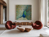 Blue Peacock on Gold by Danhui Nai. Shown as extra-large giant wall art in a modern living room. Available as an archival giclee rolled canvas, fine art paper, or poster print. SKU 10310a.