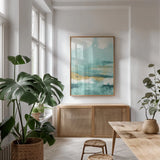 Blue Saffron I by Danhui Nai. shown as a print in a natural wood frame in a dining room. Available as a archival giclee rolled canvas, fine art paper, or poster print. SKU 65133h.