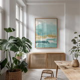 Blue Saffron II by Danhui Nai. shown as a print in a natural wood frame in a dining room. Available as a archival giclee rolled canvas, fine art paper, or poster print. SKU 65134h.