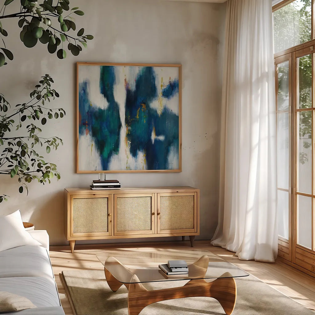 Blue Texture I by Danhui Nai. Shown in a natural wood frame in a cozy modern living room. Available as an archival giclee rolled canvas, fine art paper, or poster print. SKU 47249a.