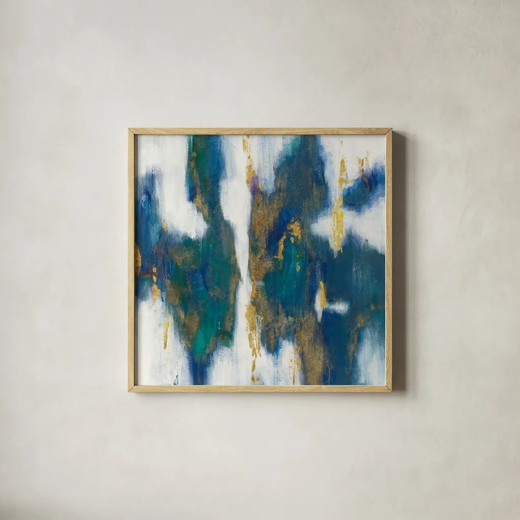 Blue Texture I Gold by Danhui Nai. Shown in a natural wood glass frame for a timeless modern aesthetic. Available as an archival giclee rolled canvas, fine art paper, or poster print. SKU 65921a.