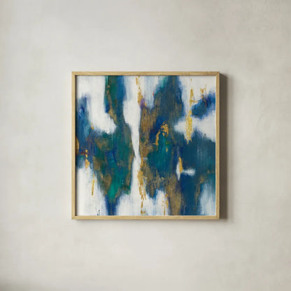 Blue Texture I Gold by Danhui Nai. Shown in a natural wood glass frame for a timeless modern aesthetic. Available as an archival giclee rolled canvas, fine art paper, or poster print. SKU 65921a.