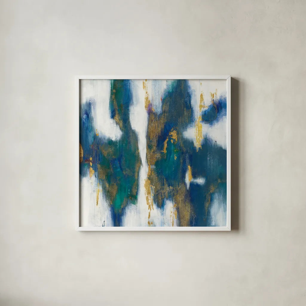 Blue Texture I Gold by Danhui Nai. Shown in a crisp white glass frame for a clean and minimalist style. Available as an archival giclee rolled canvas, fine art paper, or poster print. SKU 65921a.