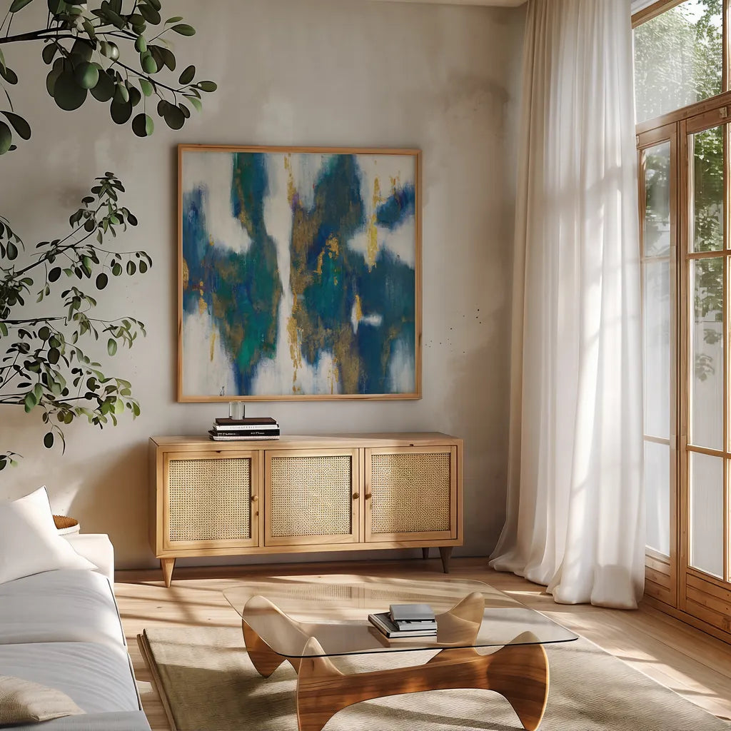 Blue Texture I Gold by Danhui Nai. Shown in a natural wood frame in a cozy modern living room. Available as an archival giclee rolled canvas, fine art paper, or poster print. SKU 65921a.