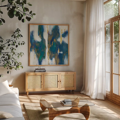 Blue Texture I Gold by Danhui Nai. Shown in a natural wood frame in a cozy modern living room. Available as an archival giclee rolled canvas, fine art paper, or poster print. SKU 65921a.