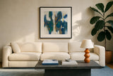 Blue Texture I Gold by Danhui Nai. Displayed in a glass frame with matte in a clean modern living room. Available as an archival giclee rolled canvas, fine art paper, or poster print. SKU 65921a.