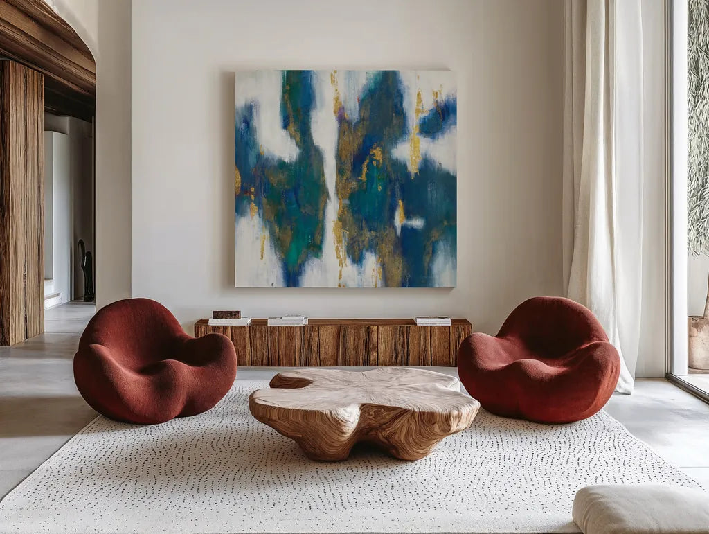 Blue Texture I Gold by Danhui Nai. Shown as extra-large giant wall art in a modern living room. Available as an archival giclee rolled canvas, fine art paper, or poster print. SKU 65921a.