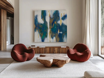 Blue Texture I Gold by Danhui Nai. Shown as extra-large giant wall art in a modern living room. Available as an archival giclee rolled canvas, fine art paper, or poster print. SKU 65921a.