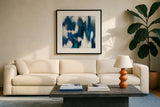 Blue Texture II by Danhui Nai. Displayed in a glass frame with matte in a clean modern living room. Available as an archival giclee rolled canvas, fine art paper, or poster print. SKU 47250a.