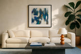 Blue Texture II Gold by Danhui Nai. Displayed in a glass frame with matte in a clean modern living room. Available as an archival giclee rolled canvas, fine art paper, or poster print. SKU 65922a.