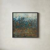 Blue and Bronze Dots by Danhui Nai. Shown in a sleek black glass frame for a contemporary gallery look. Available as an archival giclee rolled canvas, fine art paper, or poster print. SKU 28386a.