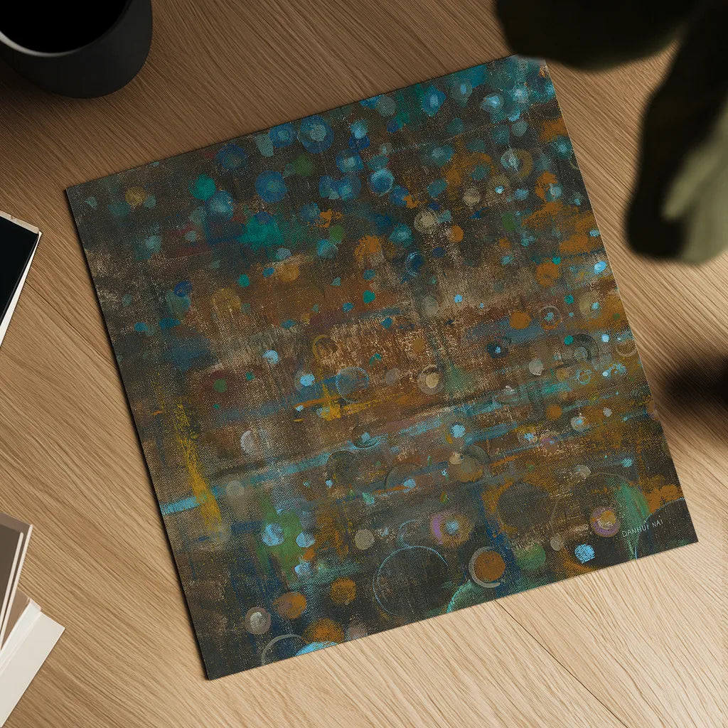 Blue and Bronze Dots IX by Danhui Nai. Shown as a detailed flat fine art print, highlighting archival giclee quality. Available as an archival giclee rolled canvas, fine art paper, or poster print. SKU 29771a.