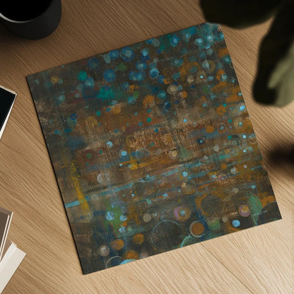 Blue and Bronze Dots IX by Danhui Nai. Shown as a detailed flat fine art print, highlighting archival giclee quality. Available as an archival giclee rolled canvas, fine art paper, or poster print. SKU 29771a.