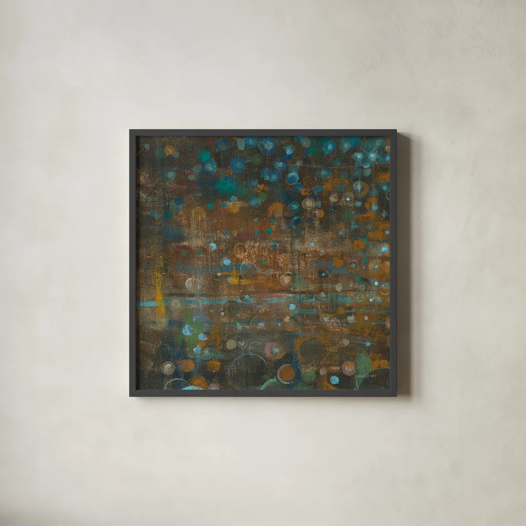 Blue and Bronze Dots IX by Danhui Nai. Shown in a sleek black glass frame for a contemporary gallery look. Available as an archival giclee rolled canvas, fine art paper, or poster print. SKU 29771a.