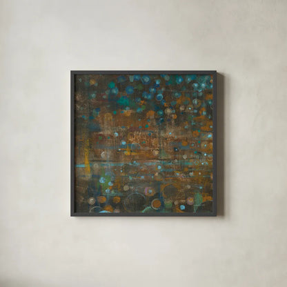 Blue and Bronze Dots IX by Danhui Nai. Shown in a sleek black glass frame for a contemporary gallery look. Available as an archival giclee rolled canvas, fine art paper, or poster print. SKU 29771a.