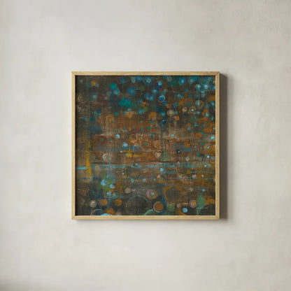 Blue and Bronze Dots IX by Danhui Nai. Shown in a natural wood glass frame for a timeless modern aesthetic. Available as an archival giclee rolled canvas, fine art paper, or poster print. SKU 29771a.