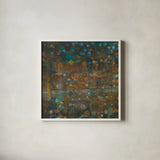 Blue and Bronze Dots IX by Danhui Nai. Shown in a crisp white glass frame for a clean and minimalist style. Available as an archival giclee rolled canvas, fine art paper, or poster print. SKU 29771a.