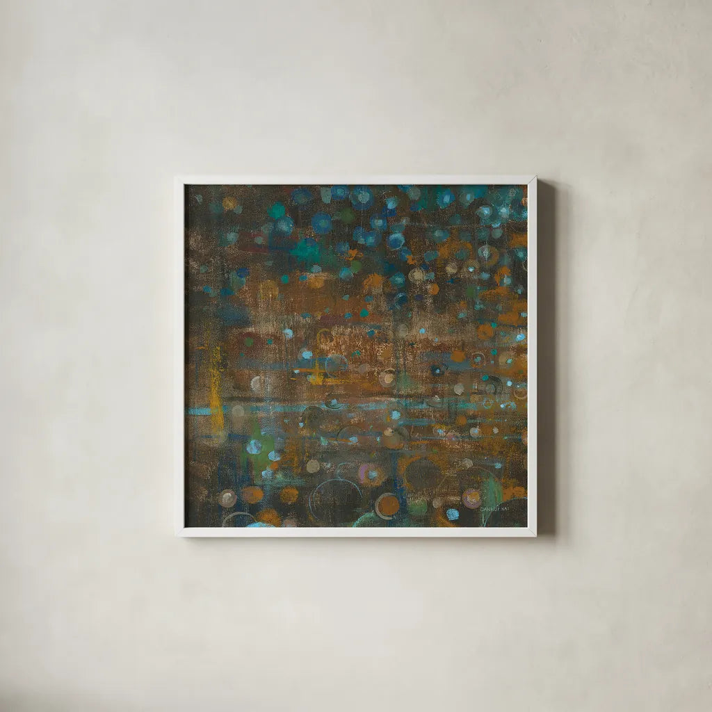 Blue and Bronze Dots IX by Danhui Nai. Shown in a crisp white glass frame for a clean and minimalist style. Available as an archival giclee rolled canvas, fine art paper, or poster print. SKU 29771a.