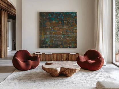 Blue and Bronze Dots IX by Danhui Nai. Shown as extra-large giant wall art in a modern living room. Available as an archival giclee rolled canvas, fine art paper, or poster print. SKU 29771a.