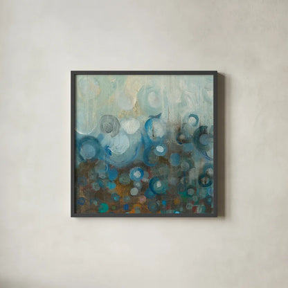 Blue and Bronze Dots VII by Danhui Nai. Shown in a sleek black glass frame for a contemporary gallery look. Available as an archival giclee rolled canvas, fine art paper, or poster print. SKU 29769a.
