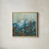 Blue and Bronze Dots VII by Danhui Nai. Shown in a natural wood glass frame for a timeless modern aesthetic. Available as an archival giclee rolled canvas, fine art paper, or poster print. SKU 29769a.