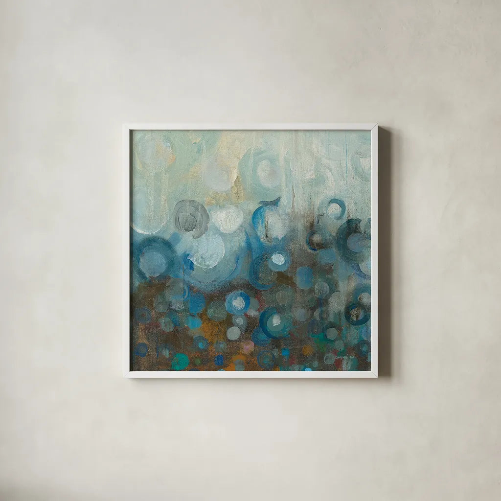 Blue and Bronze Dots VII by Danhui Nai. Shown in a crisp white glass frame for a clean and minimalist style. Available as an archival giclee rolled canvas, fine art paper, or poster print. SKU 29769a.