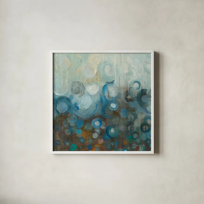 Blue and Bronze Dots VII by Danhui Nai. Shown in a crisp white glass frame for a clean and minimalist style. Available as an archival giclee rolled canvas, fine art paper, or poster print. SKU 29769a.