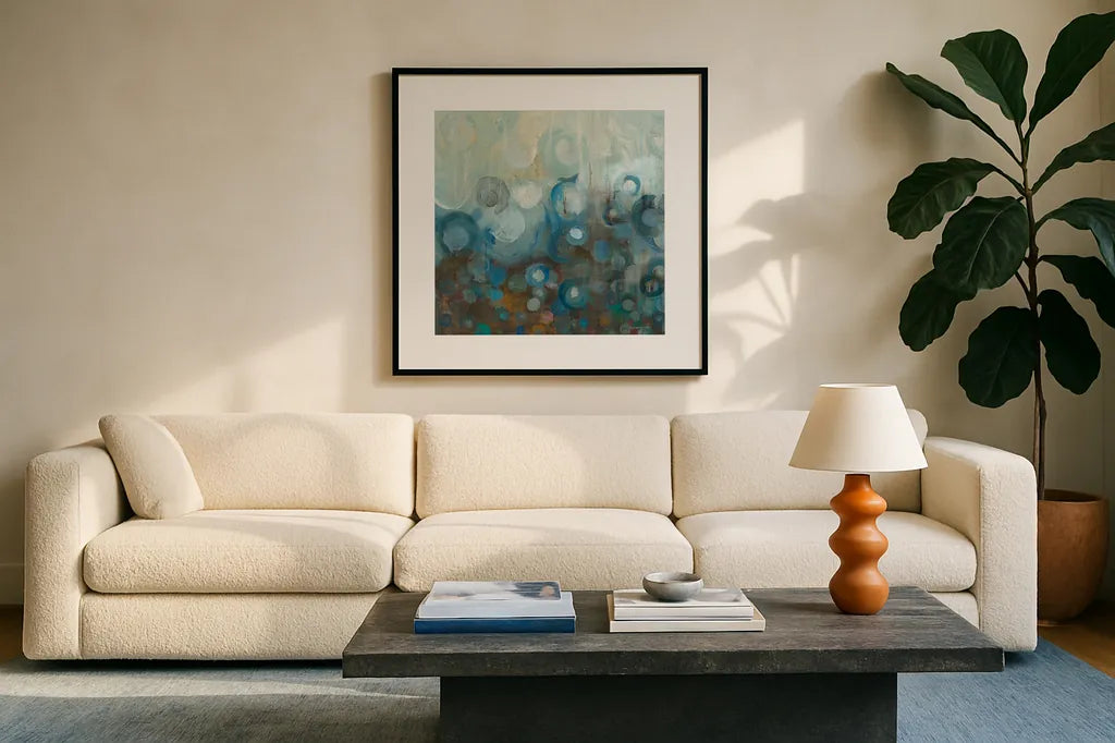 Blue and Bronze Dots VII by Danhui Nai. Displayed in a glass frame with matte in a clean modern living room. Available as an archival giclee rolled canvas, fine art paper, or poster print. SKU 29769a.